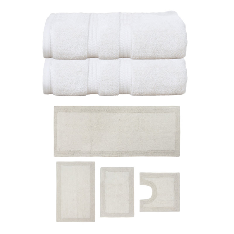 Buariki Collection 100% Soft Cotton 2 Pc Bath Towel Set & Bath Rug Set, Reversible, Ivory