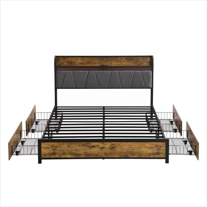 Classic Gray King Size Storage Platform Bed with Built-In Charging Station and LED Lights, MDF and Metal Frame, King