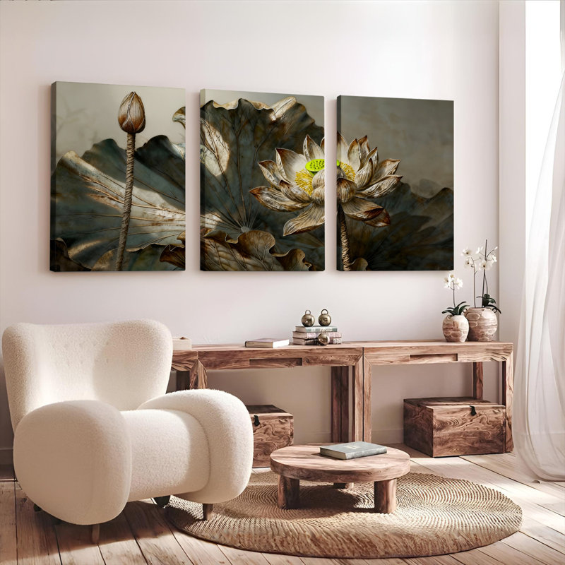 Ensemble de 3 tableaux muraux vintage sur toile, motif fleur de lotus, H 18 po x l 36 po