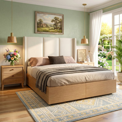 Modern Storage Platform Bed with Extra-Tall Wingback Headboard and Hidden Footboard Drawers