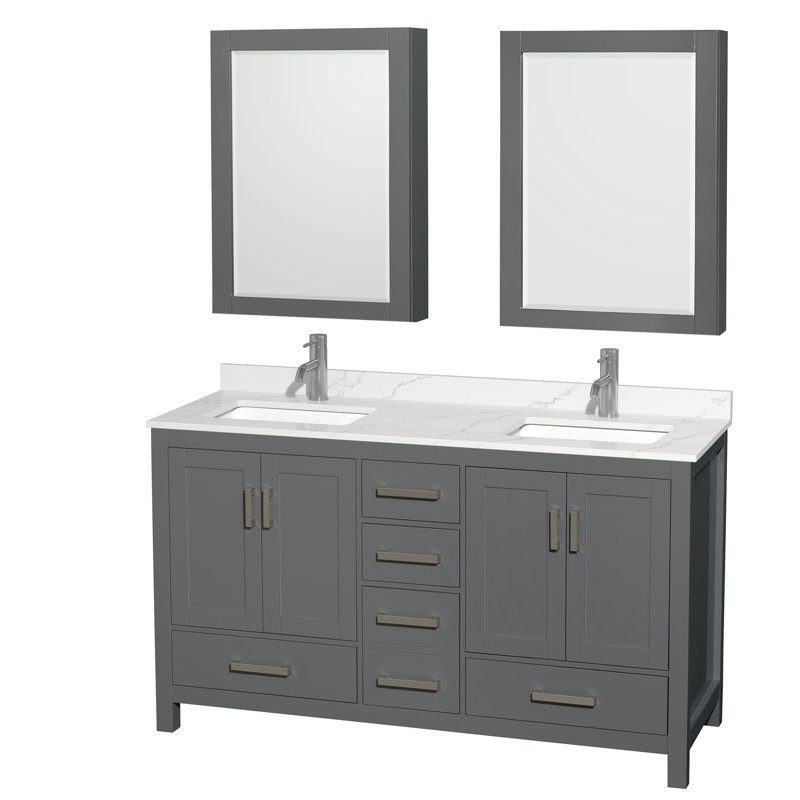 Meuble-lavabo double 60 po avec comptoir en quartz et armoires à pharmacie Sheffield, Gris foncé, Chrome, Quartz Giotto
