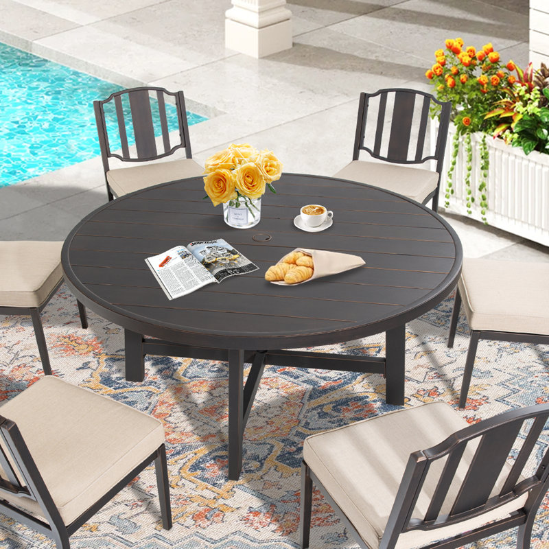 Patio Aluminum Round Dining Table With Umbrella Hole For 6 Person, Bronze