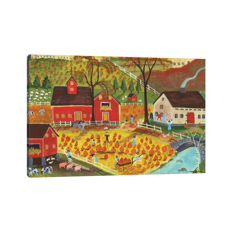 Country Farm Pumpkin Pickers by Cheryl Bartley - Painting on Canvas, 45.72cm H x 66.04cm W x 3.81cm D, Wrapped Canvas