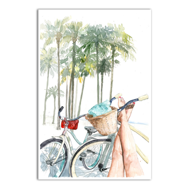 «Painted Holiday Bikes And Palm Tree Relaxing», reproduction sur toile sans cadre