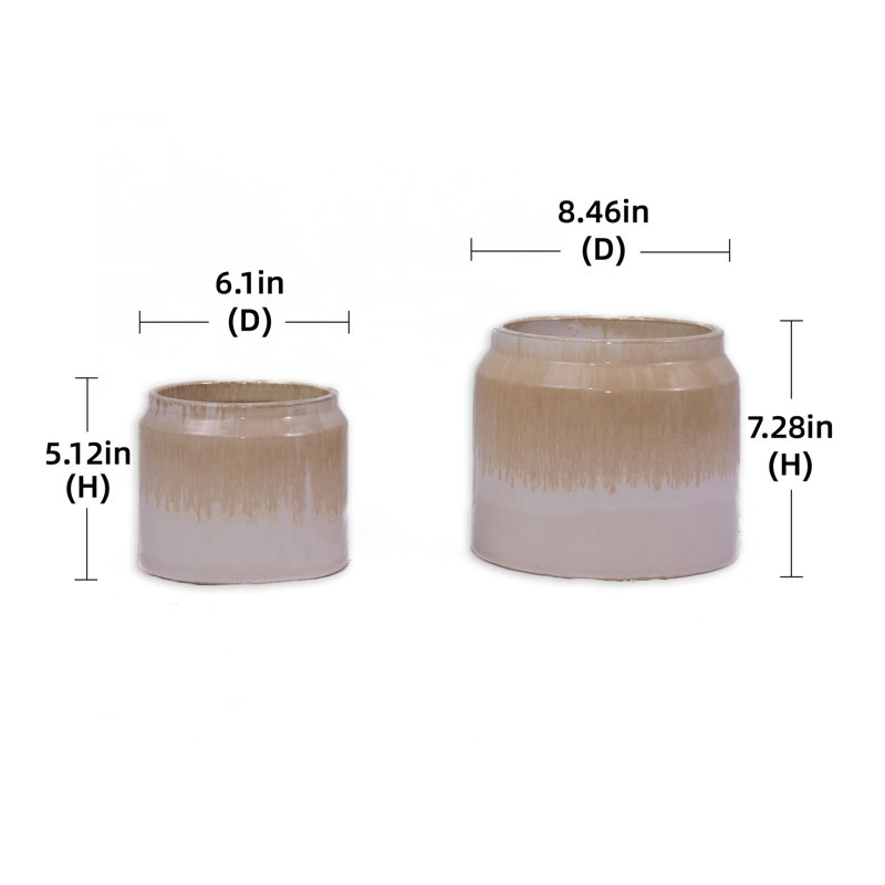 Set of 2 Gradient Ceramic Flowerpots, Modern Planters for Patio, Garden, and Windowsill, Brown/White
