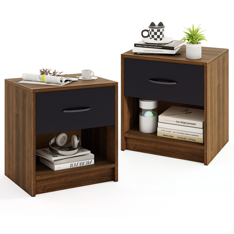 2 tables de chevet avec table d'appoint et tablette de rangement coulissante, Brun / Noir