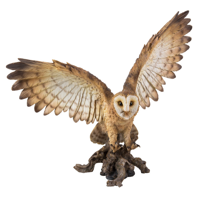 Barn Owl on Stump with Open Wings Polyresin Statue