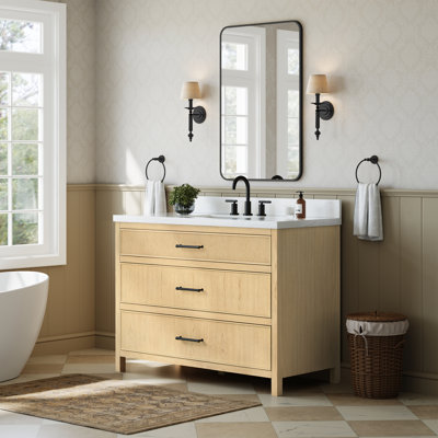 Isola 48 Inch Single Bathroom Vanity in Scandinavian Oak, Giotto Quartz Countertop, Undermount Square Sink (3-Hole), Matte Black Trim