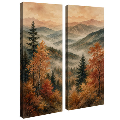 «Autumn Mountain Woodland Landscape with Golden Foliage and Misty Hills», art mural pour le salon, la chambre à coucher, la cabine de bureau, le couloir d'entrée - ensemble de 2, reproduction d'art encadrée sur toile 32 po x 12 po x 2