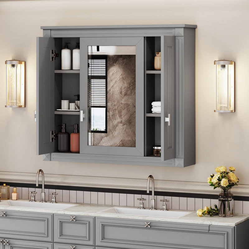 Armoire de salle de bain murale avec porte miroir, armoire de rangement murale avec 4 tablettes