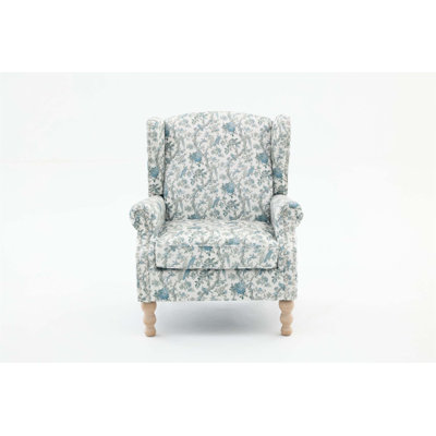 Modern Accent Chair with Retro Wood Legs, Comfy Upholstered Armchair, Floral Design Single Sofa Chair for Living Room and Bedroom