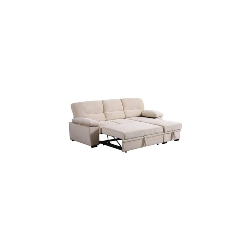 Mccutcheon Velvet Fabric Reversible Sleeper Sectional Sofa Chaise, Beige Velvet