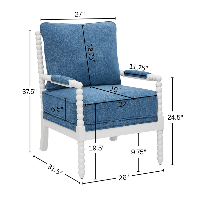 Osterhout Upholstered Spool Accent Chair with Turned Wood Frame, Denim Blue with White Finish, White, Blue