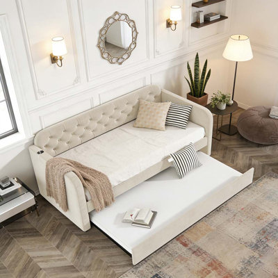 Twin Size Upholstered Daybed with Trundle and USB Charging Design by Red Barrel Studio