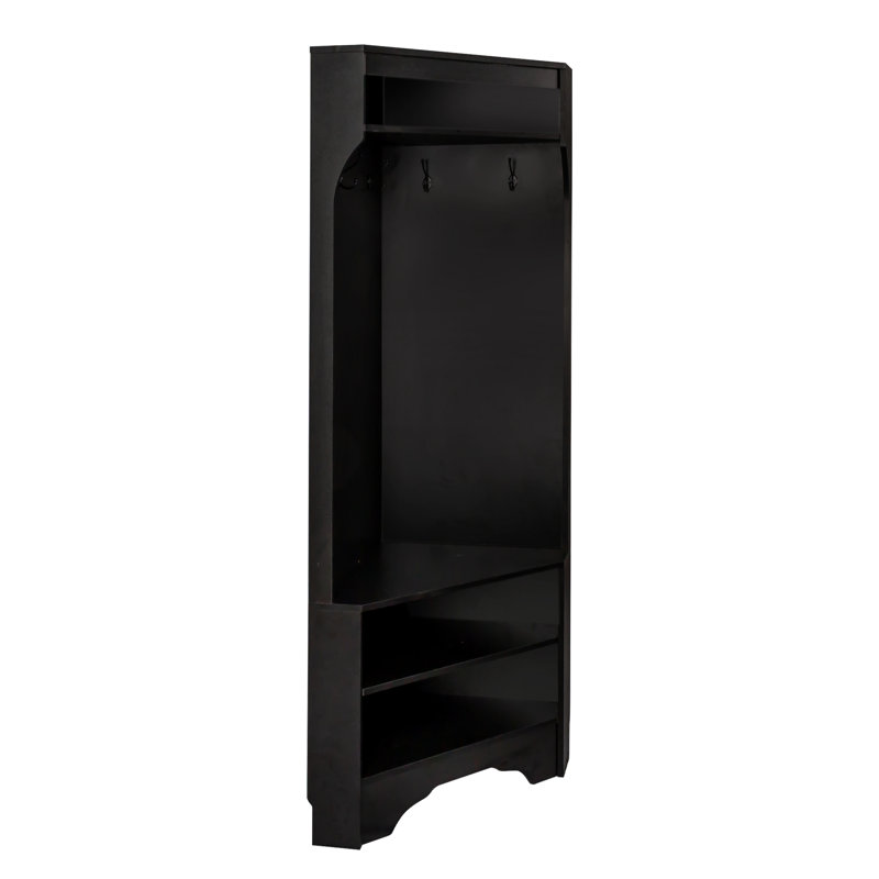 ON-TREND Minimalist Corner Hall Tree With Shoe Bench, Versatile Entryway Coat Rack With 4 Hooks, Corner Cabinet With Adjustable Shelf For Hallway, Living Room, Black, 29.5''W*71.6''H