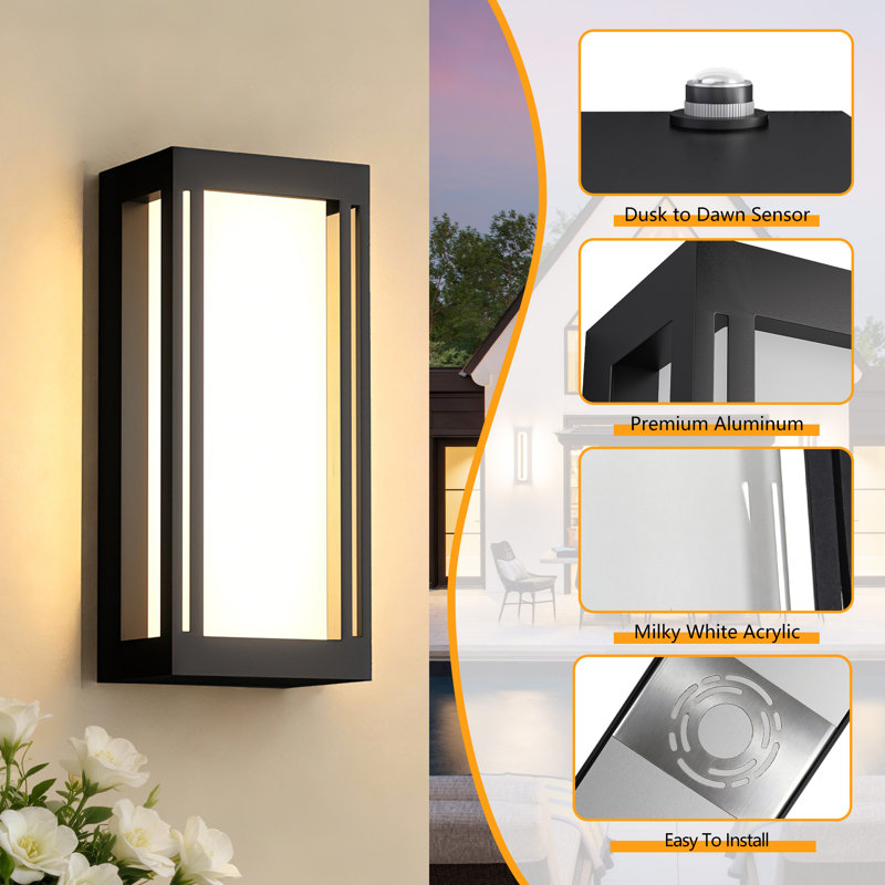 14.5''H RGB LED Dimmable APP Control Aluminum Outdoor Wall Light with Dusk to Dawn and Milky White Acrylic Shade