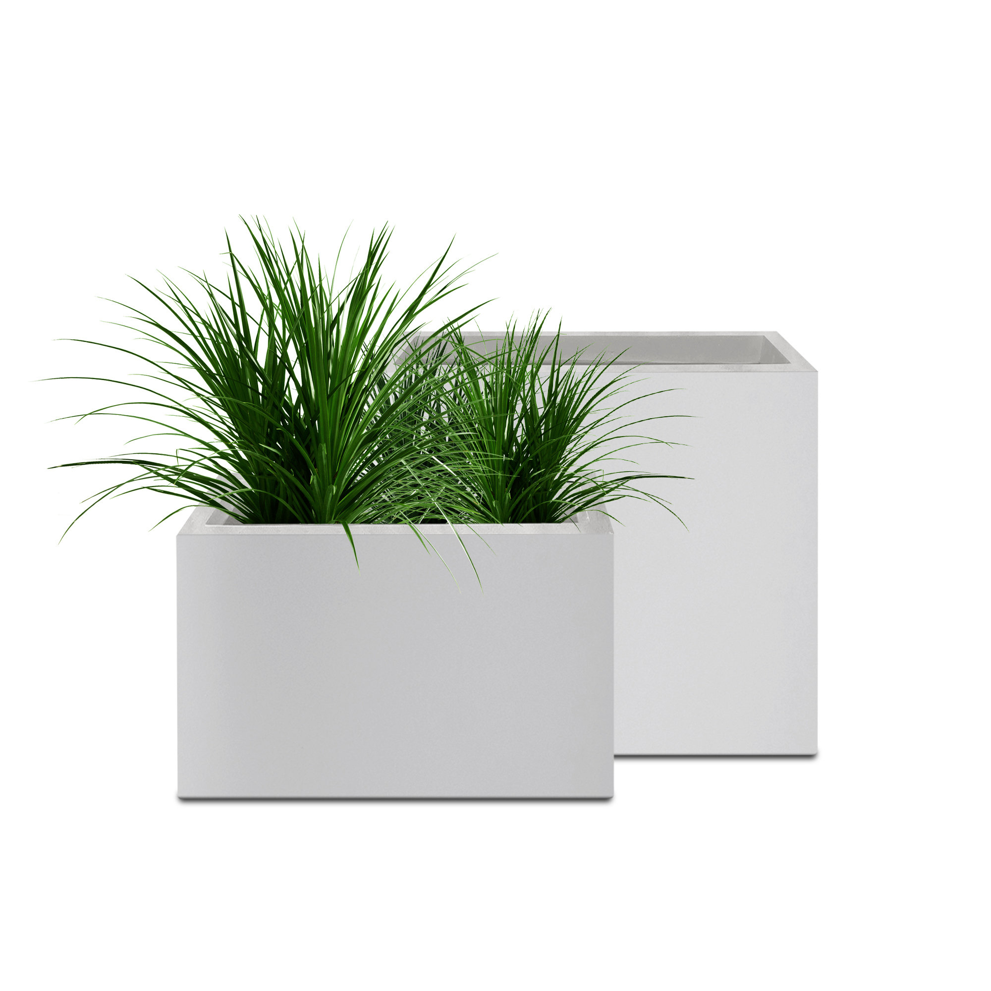 Tali 2 Piece Long Rectangular Lightweight Pure White Concrete Metal Indoor Outdoor Planter Pots, w/ Drainage Hole Set