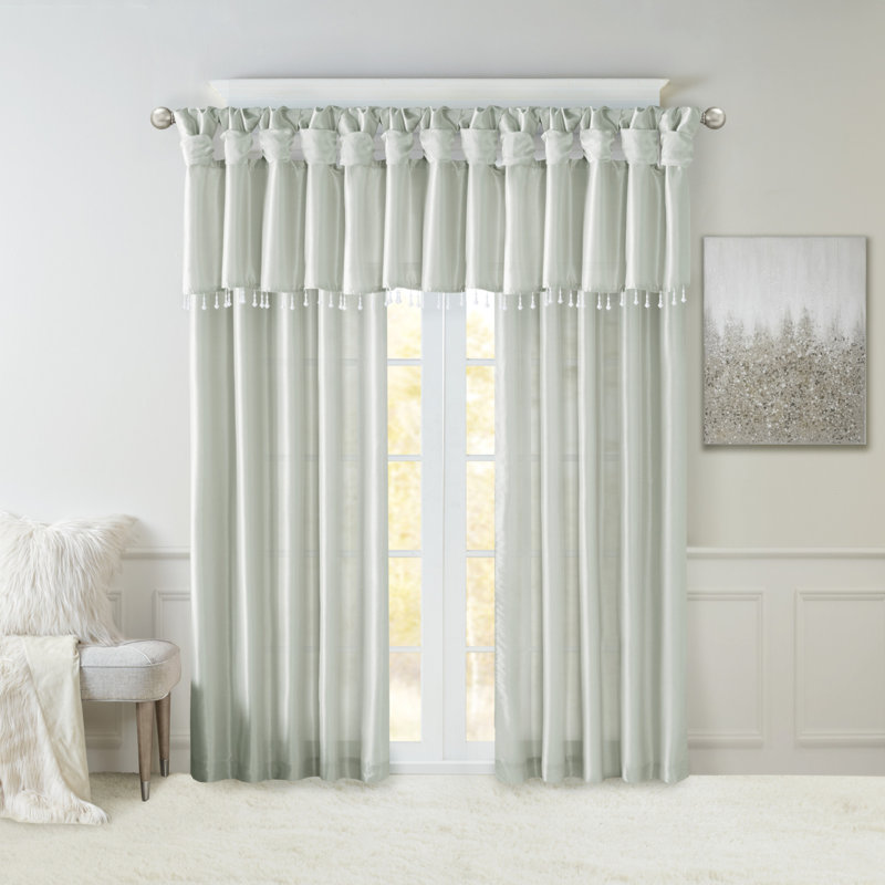 Lightweight Faux Silk Valance With Beads Dusty Aqua 50X26", Aqua