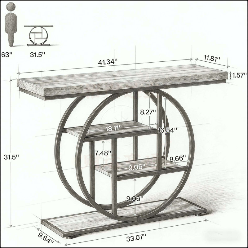 41.3 Inch Industrial Chic Console Table with Circle Base, Narrow Wood Accent for Entryway and Living Room, Brown
