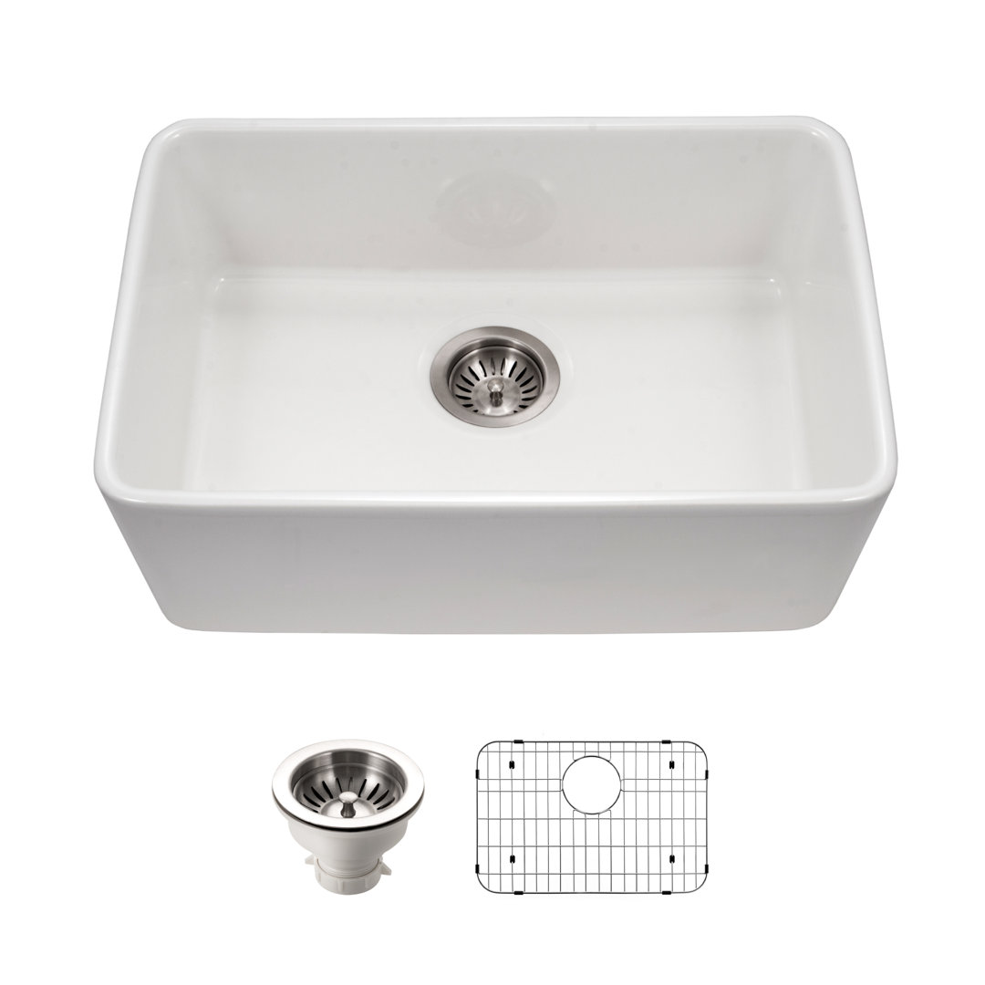 Houzer 24 in White Fireclay Undermount Single Bowl Kitchen Sink w/ Strainer, Grid - PTU-2400 WH-C Houzer