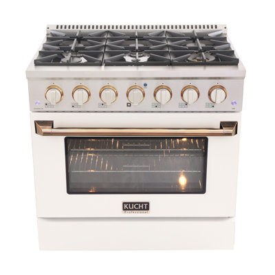 KUCHT Professional 36 po 5,2 pieds cubes Cuisinière à double combustible pour gaz propane avec brûleurs scellés et four à convection en acier inoxydable avec porte de four blanche, boutons blancs et poignée dorée et anneaux à bouton doré