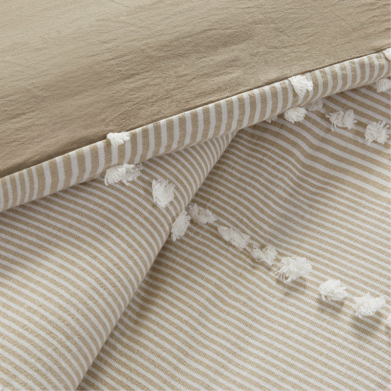 Full/Queen 3 Piece Cotton Yarn Dyed Duvet Cover Set With Tufted Chenille, Soft Taupe And White Stripes, Oeko-Tex Certified