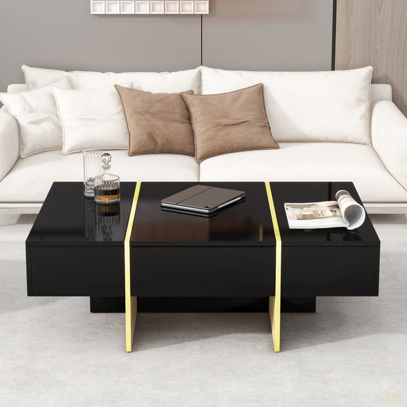 Table basse On-Trend de 47,2 po x 31,4 po minimaliste ultra-brillante avec 2 tiroirs, table de canapé rectangulaire multi-rangement avec pieds en grain de bois doré, table centrale moderne pour le salon, noir
