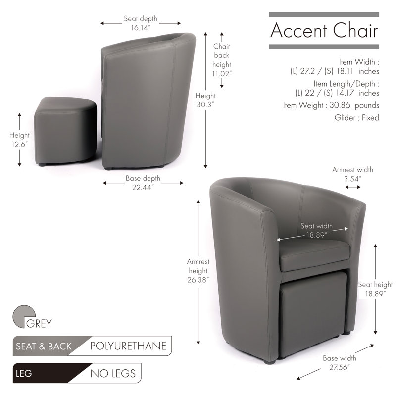 Faux Leather Barrel Chair with Footstool, Grey