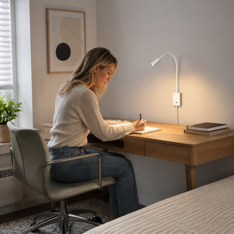 Cette lampe de chevet DEL murale est munie d'une télécommande sans fil, d'une minuterie et d'une sortie USB 5V 2A. Elle utilise un spot flexible pour la chambre avec un éclairage blanc neutre 4000K à intensité variable.