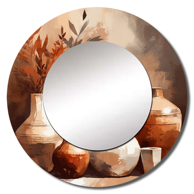Giannoulis brun et crème en terre élégante vase II - miroir bohème poterie unique, grand miroir mural traditionnel rond, art imprimé en métal