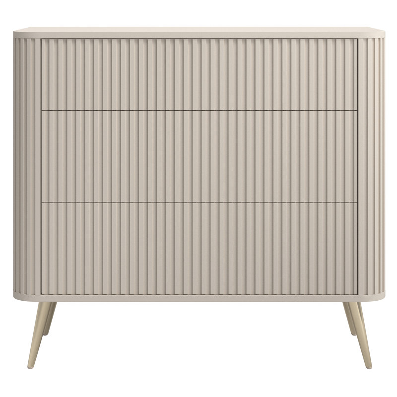 Chest of Drawers with Fluted Fronts and Three Drawers, Beige/Gold