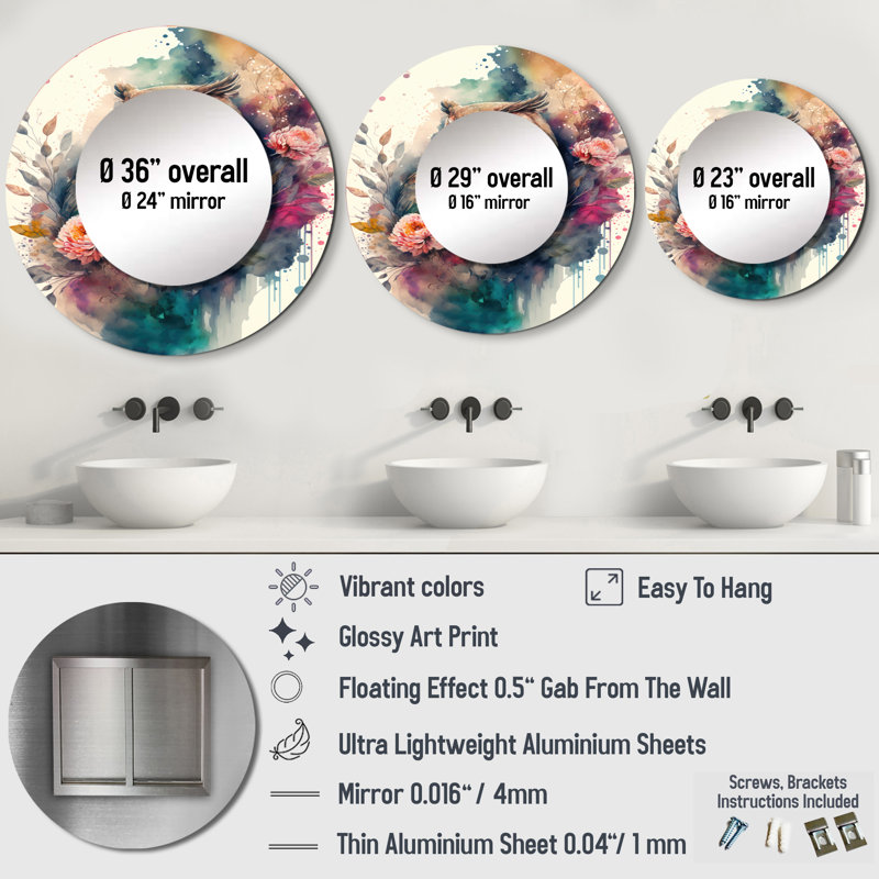 Pilaal Cute Owls Floral Art II - Owl Unique Wall Mirror Decor, Modern Large Round Mirror, Printed Metal Art, 36" x 36"