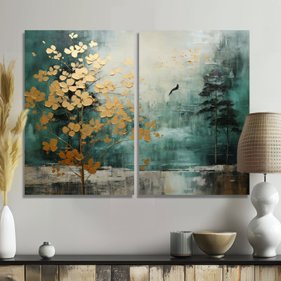 «Golden Emerald Forest», art mural sur toile à spirales abstraites