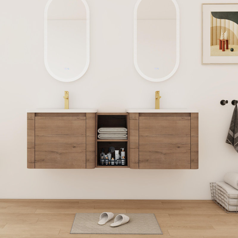 Meuble-lavabo double 60 po / 68 po avec comptoir en céramique, 60", Imitation chêne