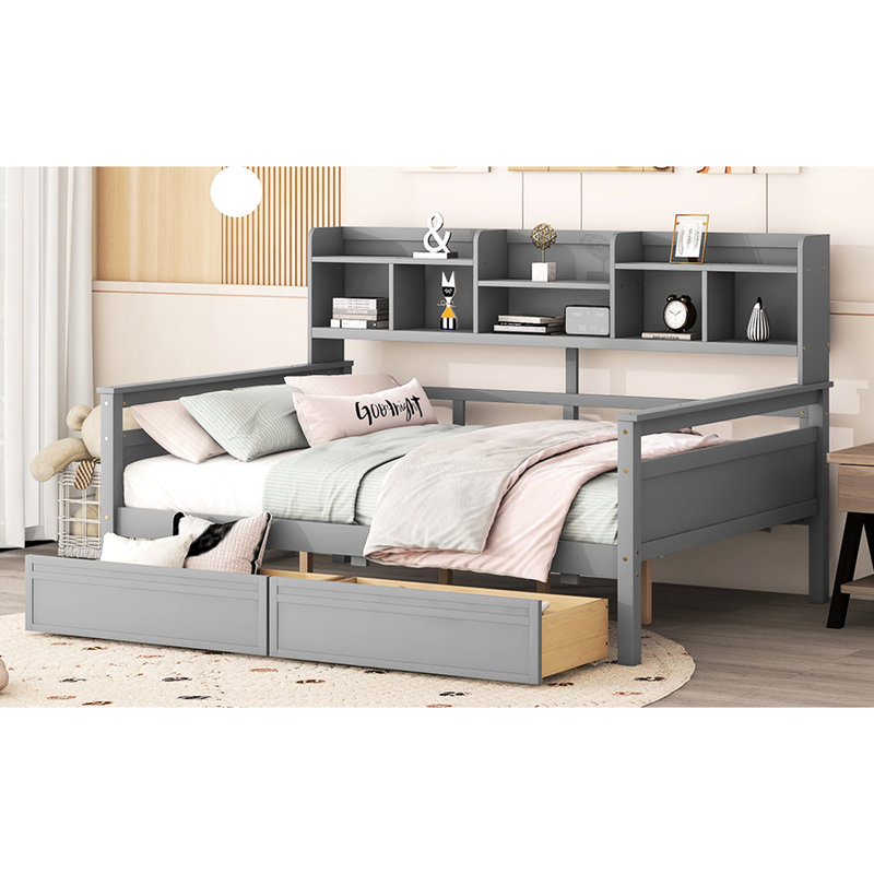 Elegant Size Daybed In Gray, Wood Slat Base, Bedside Shelf & 2 Drawers - Multi-Purpose For Home Interior Supported Structure, Multi-Functional Decor