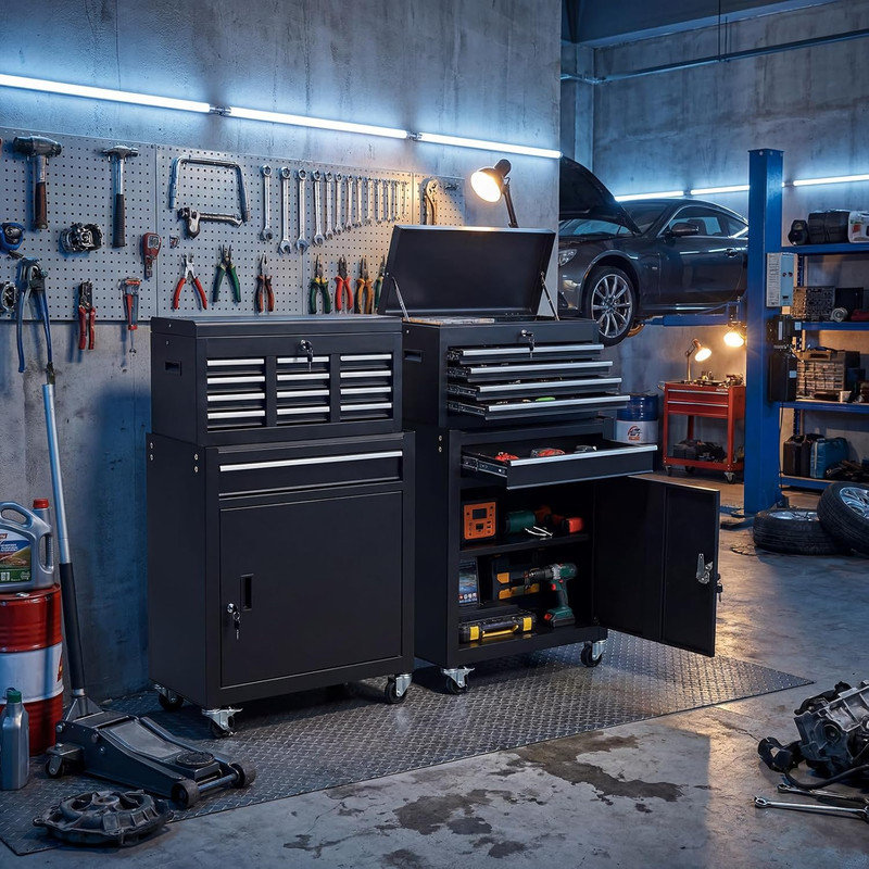 Armoire à outils à 5 tiroirs avec roulettes, chariot à outils roulant en métal avec tiroirs coulissants et doublure de protection pour atelier de garage