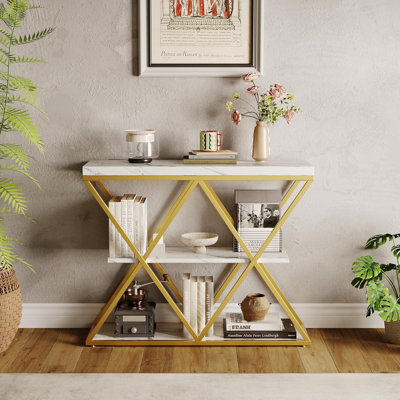 Slim 3-Tier Console Table with Open Storage Shelves – Rustic Farmhouse Entryway Sofa Table – X-Shaped Metal Legs – Space-Saving Living Room or Hallway Furniture