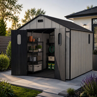 Remise de rangement extérieure en résine 8 x 10 pi avec plancher, remise de jardin en plastique, bâtiment de rangement extérieur résistant aux intempéries pour les outils, vélo, tondeuse à gazon, patio, cour arrière