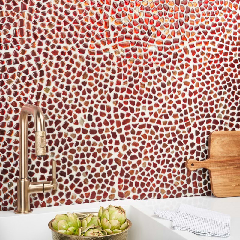 Komorebi Pebble Mineral Ice Gray Polished Glass Mosaic Tile, Bonfire Red
