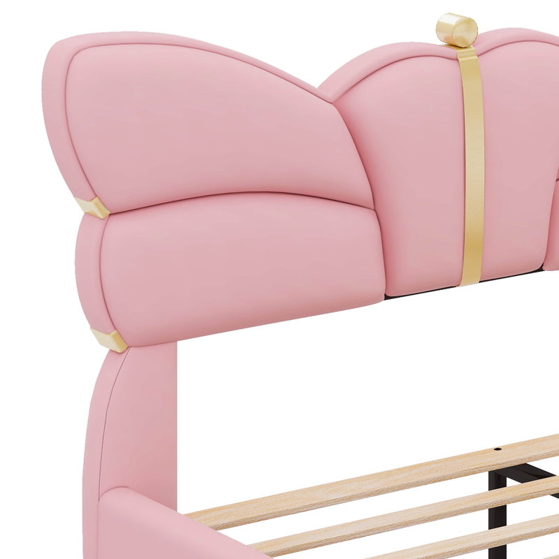 Structure de lit double avec tête de lit Structure en cuir de polyuréthane avec tête de lit en forme de papillon, Rose clair
