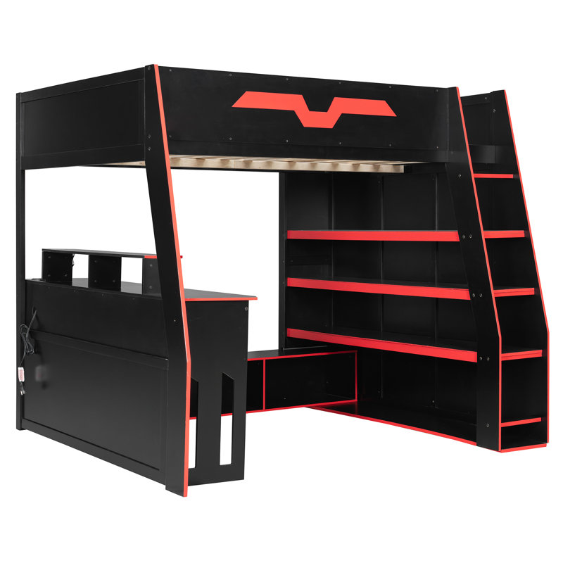 Full Size Wood Loft Bed with Desk, Adjustable Table, Storage Shelves, RGB LED Light, Space-Saving Loft Bed Frame, Red, Red