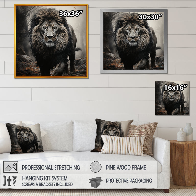 Décoration murale lion ombres de la fierté 2 - Lion, Cadre flottant doré, H 16 po x l 16 po x P 1 po