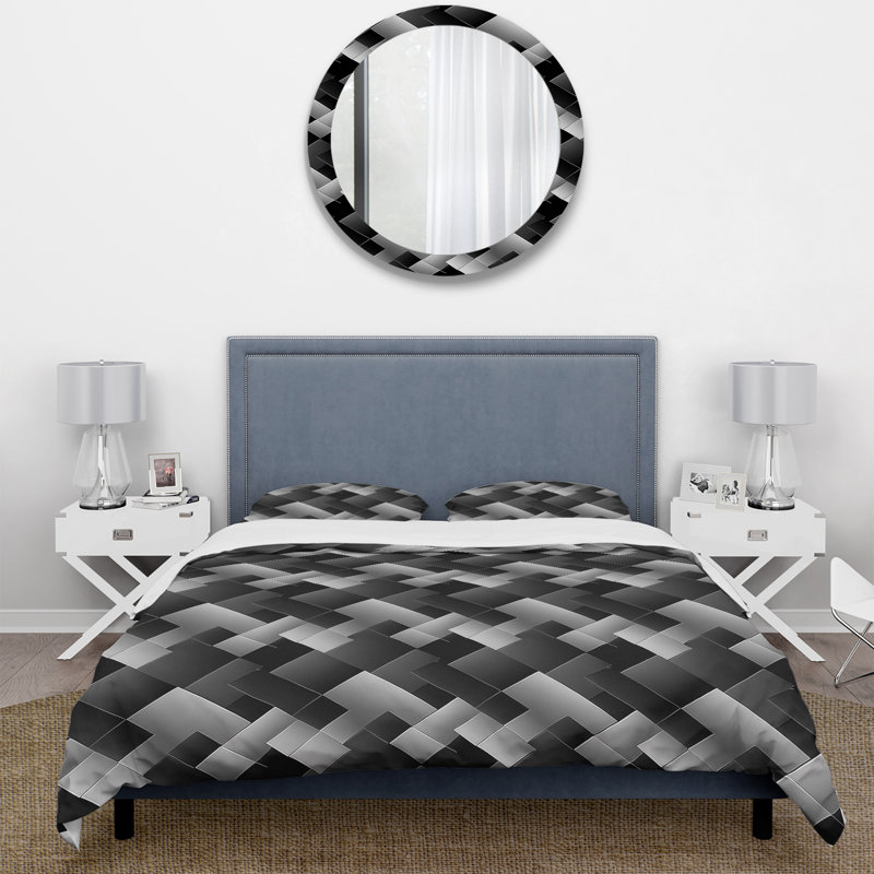 Ensemble de housse de couette traditionnel noir Houndstooth Print II - noir, Housse de couette très grand + 2 très grandes ta