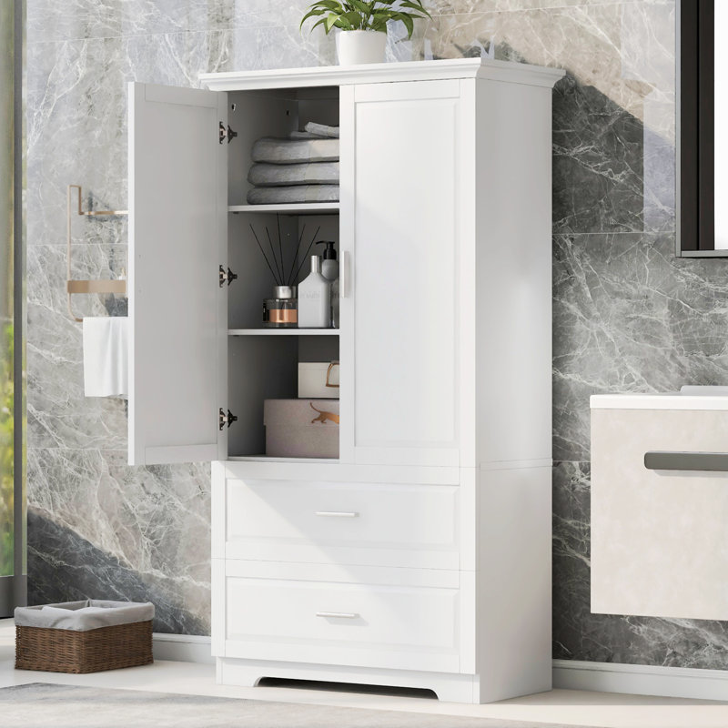 63" Tall Bathroom Storage Cabinet with 32" Wide Frame - Double Door Cabinet and 2 Large Drawers - Waterproof MDF Linen Cabinet with Adjustable Shelves - White