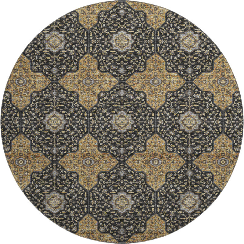 Premium Machine Washable Mayfield AMF2410 Oriental Rug, 8' Round, Black