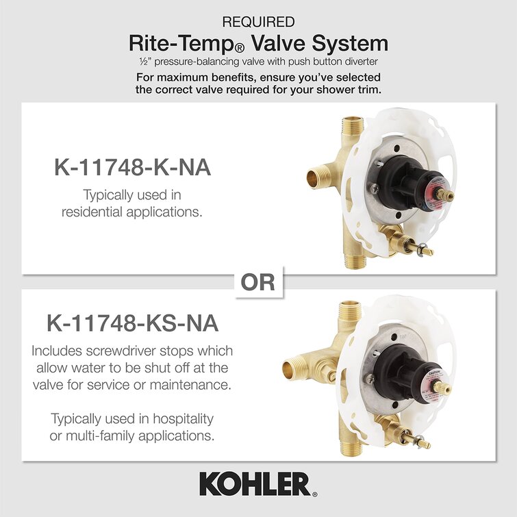 Kohler Purist® Rite-Temp Pressure-Balancing Bath and Shower Faucet Trim  with Push-Button Diverter, 7-3/4