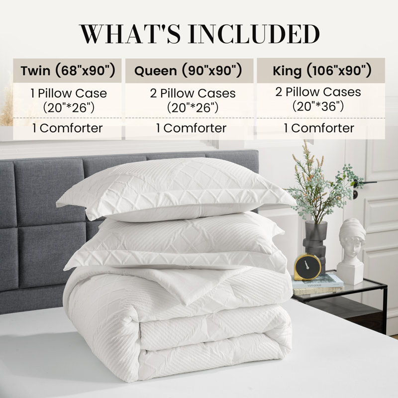 Ensemble d'édredon en jacquard Luxeweave pour toutes les saisons, Édredon grand + 2 taies d'oreiller standard, Blanc
