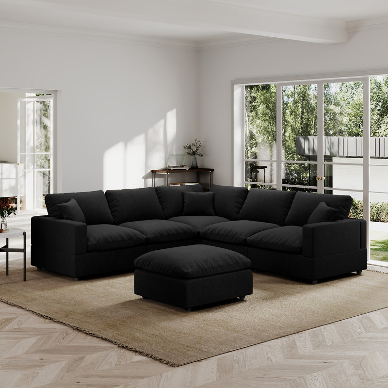 Canapé modulaire avec repose-pieds en L pour canapé-lit de 95,4 po Otina, Mélange de lin noir