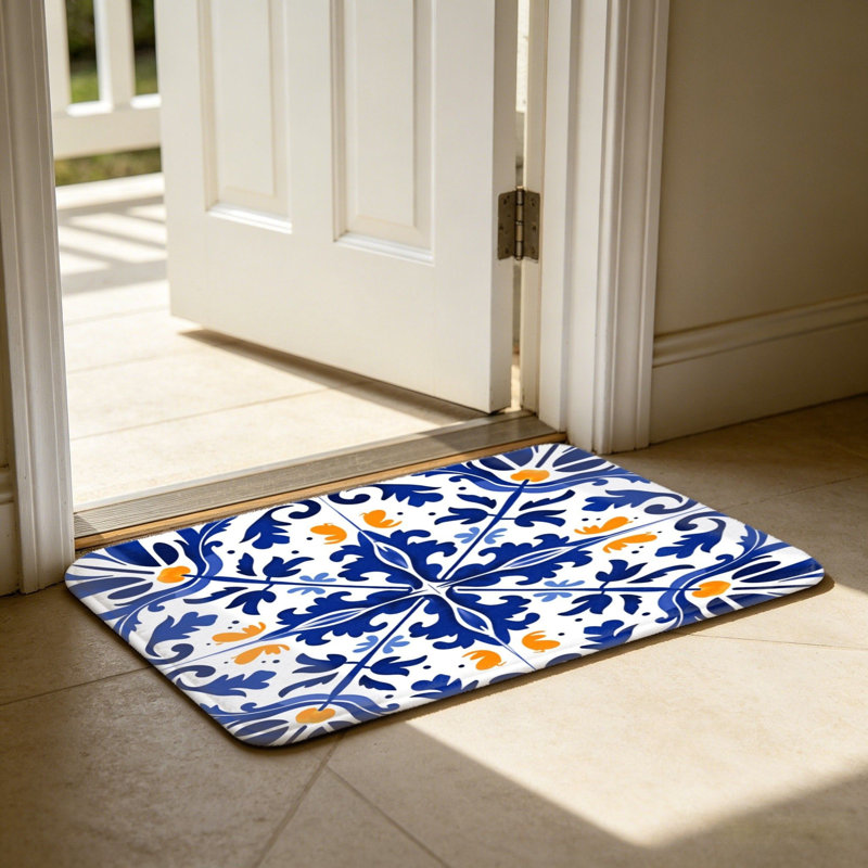 Mediterranean Blue And White Tile Floor Mat For Outdoor And Indoor, 24 X 36 In, Blue Orange White