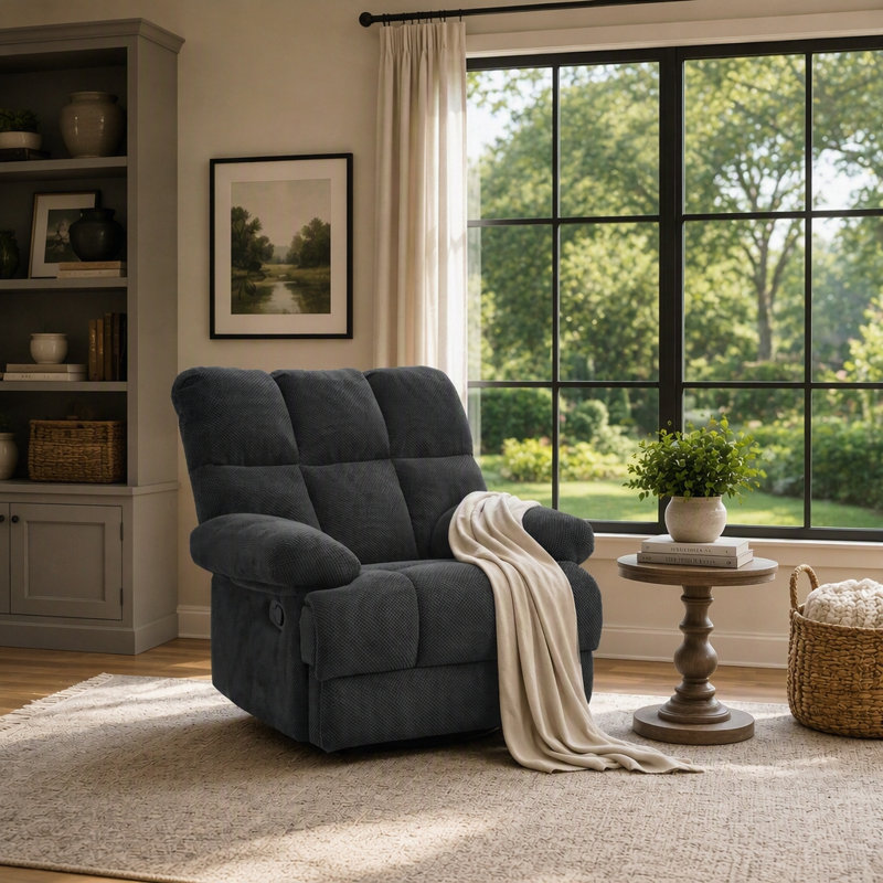 Fauteuil inclinable manuel berçant avec revêtement Nubby et accoudoirs moelleux, sans pivot, Tissu gris foncé
